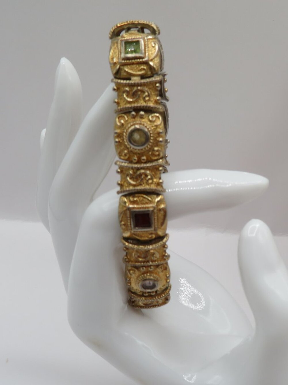 Vintage 925 Etruscan Style Gemstone Gold Over Sterling Bracelet